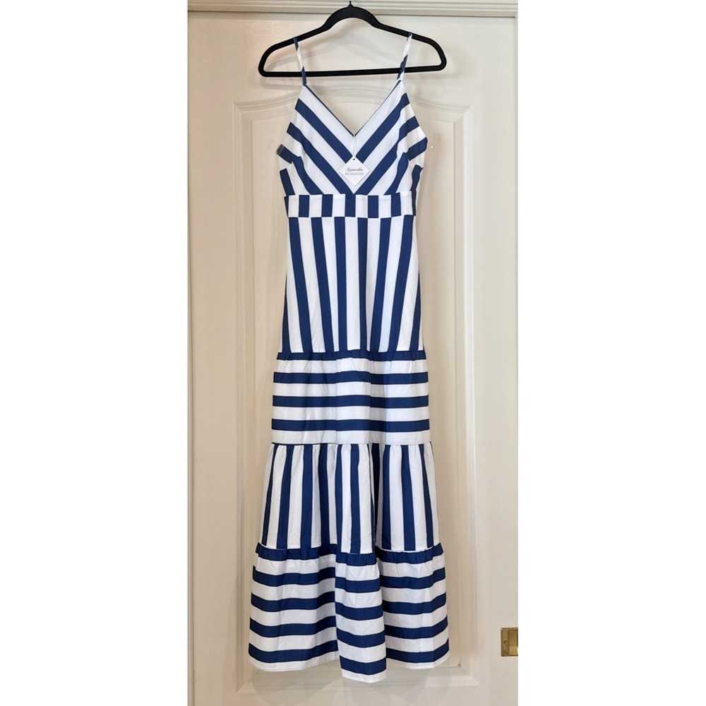 NEW Caracilia  Blue White Striped Maxi Dress Smocked Tiered Lined Nautical Beach